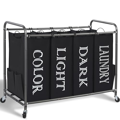 STORAGE MANIAC Laundry Sorter 4 Section, 47.8 Gal (181 L) Laundry Hamper with Wheels, Clothes Divider Basket Sorter, Clothes Separator Hamper Cart with Wheels and Removable Bags, Label Black