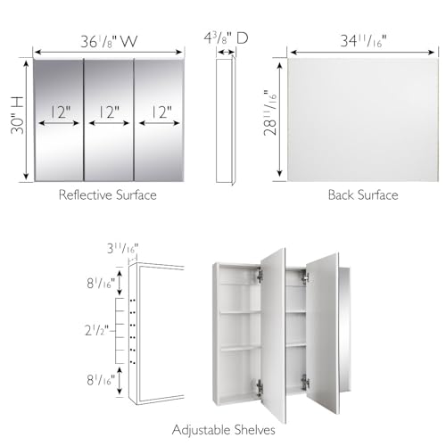 Image of Design House Cyprus Medicine Cabinet, 3 Frameless Mirrored Doors, 2 Adjustable Shelves, Pre-Assembled, Surce or Recess-Mounted, White, 36.3 in. W x 4.4 in. D x 30.1 in. H, 590265 | Adjustable Shelves, Wall Mount, Contemporary /Modern, Wood, Bath, 590265