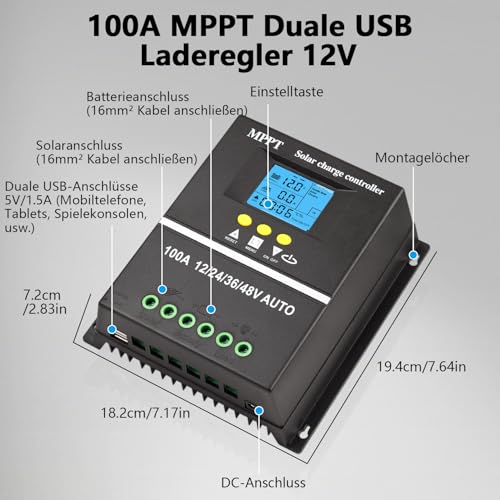 【100A MPPT Laderegler Solar 12V】KWODE 100A Solar Laderegler mit 2 USB 12V/24V/36V/48V LCD Display Solar Ladegerät Controller Solarladeregler für Gel, Lithium, NCM,Silizium,LiFePO4, Bleisäure Batterien