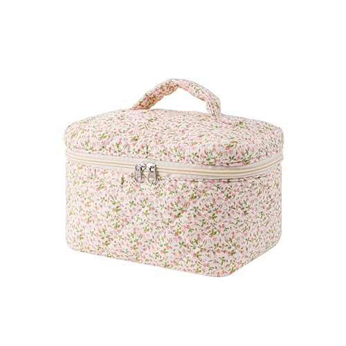 uekeboag Large Travel Quilted Makeup Bag for Women, Floral Cotton Cosmetic Bag, Coquette Aesthetic Floral Toiletry Organizer Bag 2 Pcs