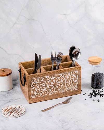 Mie Creations MCCADDY4 4 Compartment Wooden Silverware Caddy Utensil Holder, Farmhouse Cutlery Flatware Organizer thumb #2