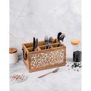 Mie Creations 4 Compartment Wooden Silverware Caddy Utensil Holder Farmhouse Cutlery Flatware Organizer Decorative Wood Caddy with Metal Handles for Kitchen Thanksgiving Christmas Gift Buffet Party