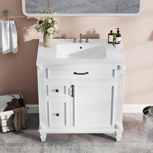Sweetcrispy 30\" Bathroom Vanity with Sink, Bathroom Storage Vanity Sink with 1 Door&3 Drawers,Free Standing Bathroom Cabinet with Sink, Easy Assembly, NO Mirror Faucet (Snowy White)