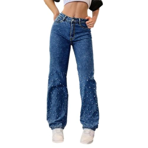 Pearl Jeans for Women Straight Leg High Waist Straight Wide Leg Vintage Denim Pants Embroidered Jeans for Women