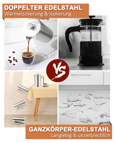 Dixmas French Press 1000 ml / 8 Tassen, Kaffeebereiter aus Edelstahl, doppelwandig isoliert, Kaffeepresse mit Ersatzfilter - 1 Liter