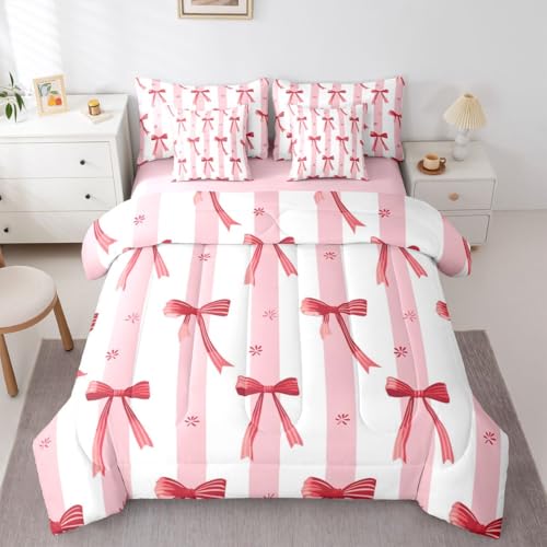Image of Kawaii Bow Tie Full Size Bed Sheets and Comforter Set | Princess Bow 7-Piece Bedding Set Cute Ribbon Bowknot Bed in a Bag, Dreamy Pink Stripes Bed Sets
