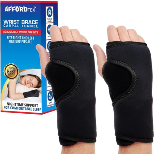 Carpal Tunnel Wrist Brace Night Support |2 count | Adjustable Wrist Support with Metal Splint | Beaded Cushion Palm Support | Hand Brace for Arthritis, Tendonitis, Sprain & Injuries | One Size Fits All, Left or Right Hand | Affordtex
