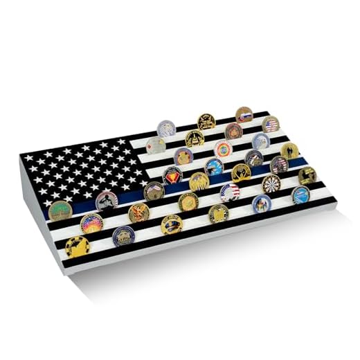 ASmileIndeep Military Challenge Coins Display Holder,Challenge Coins Stand with American Flag Holds 60 Coins , Army Collectors 7 Rows Military Coin Display Case Natural Solid Wood ,Blue Line