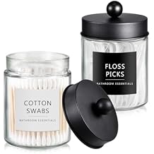 SheeChung 2-Pack Qtip Holder Dispenser - Glass Apothecary Jars with Rust-Proof Stainless Steel Lids - Modern Farmhouse Bathroom Vanity Organizer for Cotton Swabs, Balls, PadsBlack