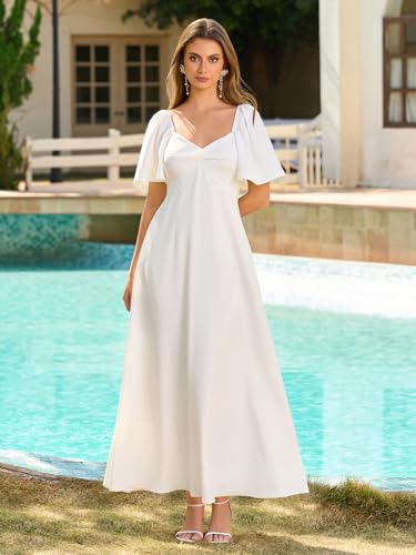 KUTUMAI Summer Maxi Dresses for Women 2025 V Neck Short Sleeve Bow Tie Flowy Long Formal Wedding Guest Dress with Pockets2