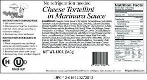 Religious Meals Cheese Tortellini In Marinara Sauce 12 Oz. Pack Of 1.
