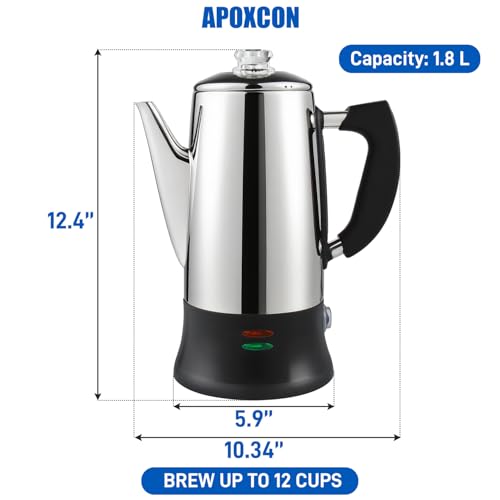 APOXCON Electric Coffee Percolator Stainless Steel Coffee Maker with Heat Resistant Tough Glass Clear Brew Progress Knob, Classic Coffee Pot with Keep Warm Cordless Serve Cool Touch Handle 12 Cup
