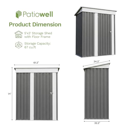 Image of Patiowell 5x3 FT Outdoor Storage Shed with Floor Frame, Small Metal Sheds