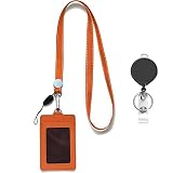 AMUU Lanyards with id Badges Holder Retractable Badge Reel with Orange PU Leather ID Card Holders Or
