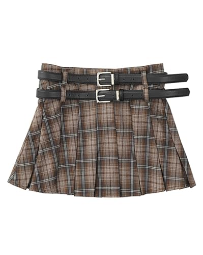 SANGTREE Women's Plaid Mini Skirt Double Belt Uniform Pleated Skirts