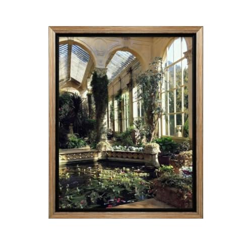 InkFlow Posters Sunlit Conservatory Pond Canvas Poster - Greenhouse Botanical Photography - Serene Wall Art for Living Room, Bedroom, Home - Timeless Garden - 18x24 Silver Floated Frame Canvas Print