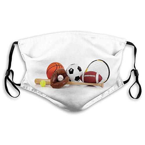 FA-CE Co-Ver,Youth,Assorted Sports Equipment Different Balls Bat Tennis Racket Baseball Glove on White,Multicolor,Facial Decorations