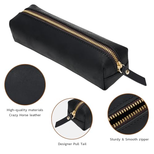Image of ECHSRT Small Genuine Leather Pencil Pouch for Adults, Black | Crazy Horse Leather Finish, Compact Writing Instrument Storage