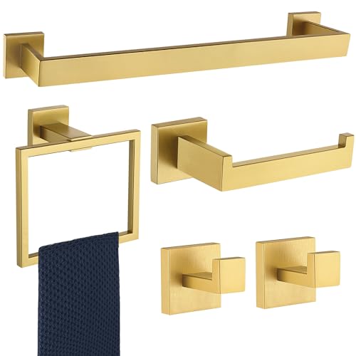 5 Pieces Bathroom Hardware Accessories Set Brushed Gold, 16Inch Bathroom Towel Rack Set SUS304 Stainless Steel, Square Bath Towel bar Set Heavy Duty, Wall Mounted