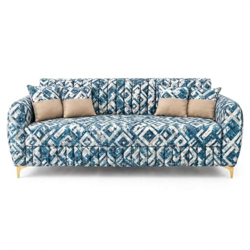 Image of CASASTYLE Signature Velour 3 Seater Sofa Set | Tapestry Fabric | 40D Foam + Zigzag Spring | 3-Yr Warranty (Lagoon Mosaic Blue) | Modern Living Luxury Sofa Set for Home, Office & Hotel Spaces