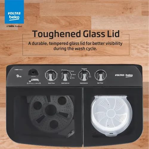 Image of Voltas Beko by A Tata Product 9 kg washing machine With Soft Closing door, Water proof IPX4 protection, Special Pulsator and Double Waterfall Semi Automatic Top Load Black, Grey (WTT90UDX /BKGR4KGTD)