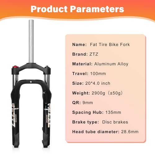 ZTZ 20 * 4.0 inch Fat Tire Oil Spring Suspension Fork - 100mm Travel, 135mm Spacing Hub, 9mm QR, Crown Lockout, Fat Tire Bike Front Fork, Fit for Snow Beach XC Mountain Bikes by ZTZ - Image 5