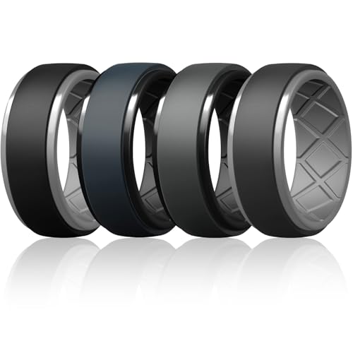 Egnaro Men's Silicone Wedding Rings, 10.5mm x 2.8mm Thick Black Rubber Engagement Band Waterproof...
