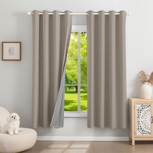 Runyéla 100% Rideau Occultant Thermique Isolant Anti Froid 140x175, Lot de 2 Lin Rideaux Fenêtre Opaques à Oeillets Anti Chaleur UV Bruit, Intérieurs Decoration...