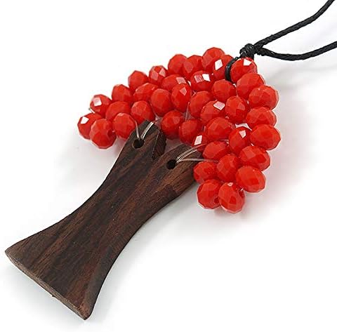 Avalaya Red Glass Bead/Brown Wood Tree Of Life Pendant with Black Cotton Cord - 76cm L, red, brown - Image 5