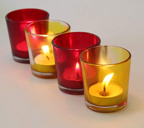 Tied Ribbons Pack Of 4 Votive Glass Tealight Candle Holder With Wooden Tray - Votive Tealight Candle Holders For Table Centerpiece Wedding, Parties, Living Room Decor Home Lighting Decoration #TOP4