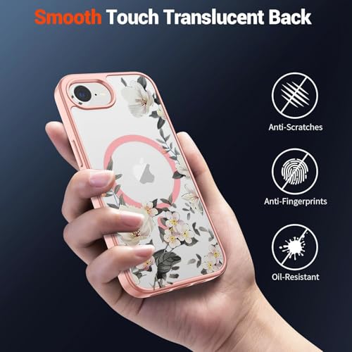 Image of VONZEE Compatible with iPhone 17e /iPhone 16e /SE4 Case, Luxury Retro Flowers Floral Clear Magnetic Wireless Charging PC+TPU Cute Glossy Shiny Cover for Girls Women, Pink