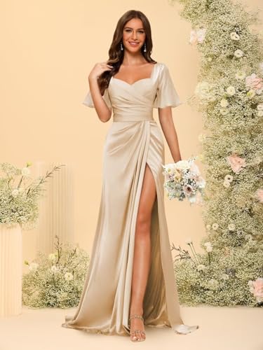 Dessiny Short Sleeves Satin Bridesmaid Dresses for Women with Slit V Neck Pleated Maxi Formal Dress DE2324