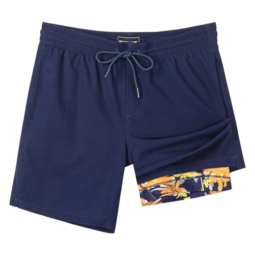 SURF CUZ Mens Swim Trunks with Compression Liner Swim Shorts 7" Swimming Trunks Stretch 7 Inch Swim Suits Quick Dry