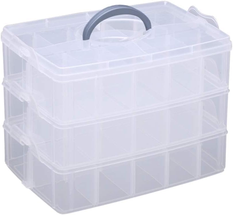 LZYMSZ 3-Tier 9.8 x 6.50 x 7.09 in Adjustable Stackable Compartment Slot Plastic Storage Box, Snap-Lock Clear Container Box for Storing Toy Jewelry Accessory(M)