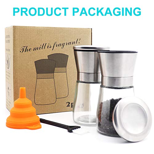 Salt and Pepper Grinder Set of 2, Adjustable Ceramic & Stainless Steel Mill Set, Glass Body Refillable Mill Shakers - Easy Clean Grinders with Silicon Funnel and Cleaning Brush