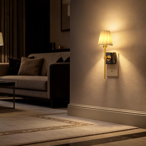 Image of Briignite LED Night Lights Plug into Wall, 2 Pack Vintage Pleated Fabric Cover Night Light, Dusk to Dawn Sensor,0-100LM Dimmable Lamp Shade Nightlight for Bedroom Living Room Hallway