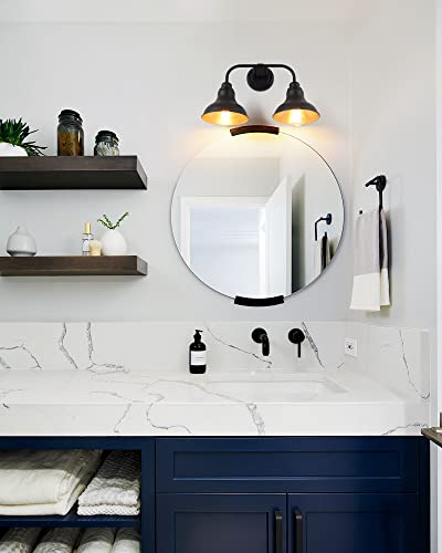 Image of 18-Inch 2-Light Farmhouse Bathroom Vanity Light Over Mirror, Black | Rustic industrial style, metal construction, 2 E26 sockets, 60W max each, dimmable, 7.08 in. shades, bathroom mirror, bedroom