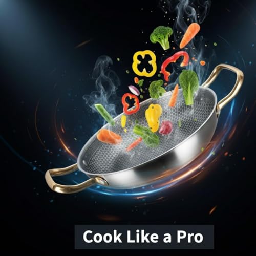 Image of Crega Stainless Steel Frying Pan with Dual Gold Handles, Honeycomb Nonstick Tri-Ply Skillet, Induction Compatible Deep Fry Chef Pan for Gas, Ceramic & Induction Cooktops, Multipurpose Cookware