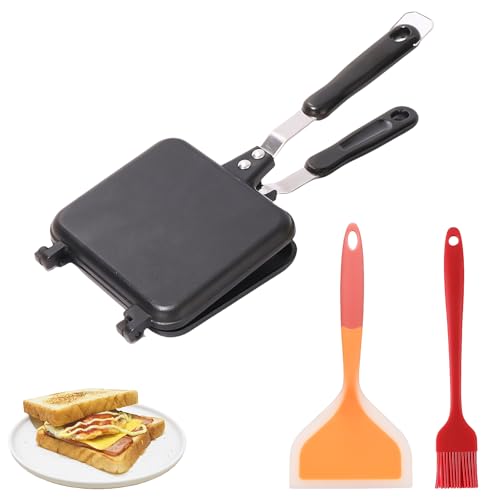 HOMURY Juego de sartenes de doble cara: molde para sándwich con mango, con espátula para panqueques y pincel para hornear, sartén para tortilla antiadherente, sandwich maker sartén cuadrada para el