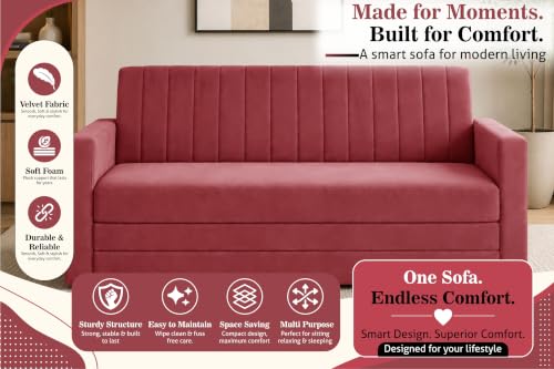 Image of 3-Seater Velvet Sofa Cum Bed with Armrests | Modern Convertible Sleeper Couch | Stylish Sofa Bed for Living Room, Bedroom & Office | Red