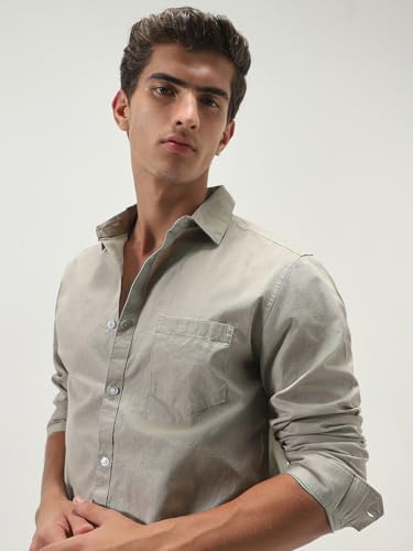 Image of Urbano Fashion Men's Cotton Full Sleeve Regular Fit Casual Solid Slub Shirt with Spread Collar