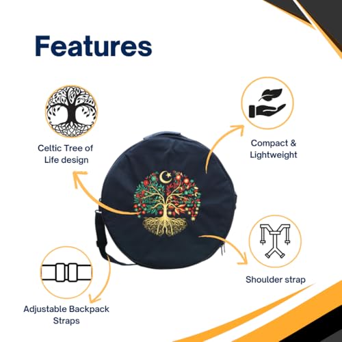 ARAW Shamanic Drum Bag with Celtic Tree of Life Design, Bodhran Case, Black Cordura with Shoulder Straps (16 Inches X 6 Inches)