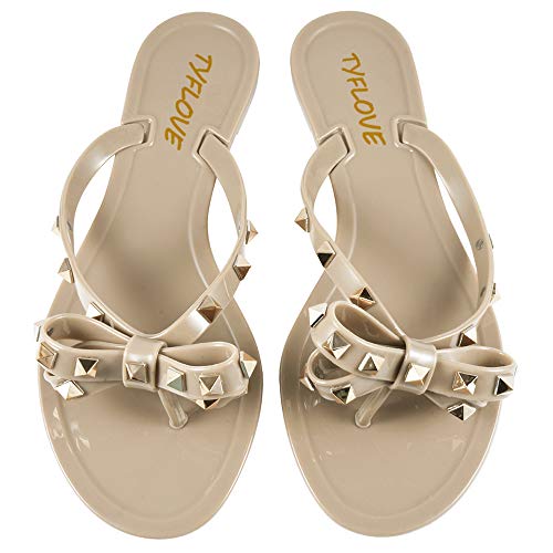 Image of TYFLOVE Women Rivet Flip Flops Studded Jelly Thong Sandals with Bow Summer Bowtie Flat Beach Rain Shoes