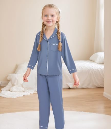 Aablexema Unisex Kids Pajamas Set Button-Down Long Sleeve Cotton Sleepwear Lounge Set for 5-13 Years4