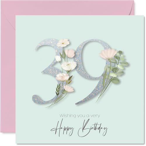 39th Birthday Cards for Women - Fancy Floral Flowers - Happy Birthday Card for 39 Year Old Woman Colleague Wife Daughter Niece, 145mm Bday Greeting Cards