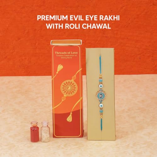Image of Eat Better Co - 18-Item Rakhi Gift Hamper For Brother - Tyohaar - Chocolate Coated Almonds, Hazelnut Dry-Fruit Laddoos, Premium Evil-eye Rakhi | Rakhi for Brother with Gift Combo Set