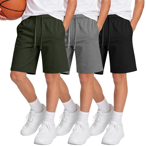 Langyiwee 3 Pack Boys Shorts Kids Baggy Athletic Sweat Shorts with Pockets Elastic Waist Summer Casual Joggers, 6-16 Years(8-9 Years,Army Green, Light Heather Gray, Black)