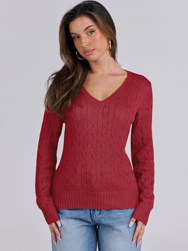 Image of ANRABESS Women's Cable Knit V Neck Fitted Sweaters