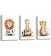 CXHOSTENT Jungle Animals Nursery Wall Decor 3 Pieces Lion Giraffe Tiger with Football Canvas Prin...