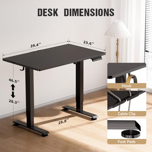 Image of Veken 39.4 inch Small Electric Standing Desk, Adjustable Height Office Desk with Wood Desktop, Computer Table for Home Work, Study and Gaming, Small Spaces, Modern Furniture, Black